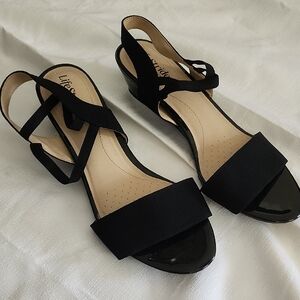 Life Stride Black Wedge Sandals with Ankle Straps, Newno box